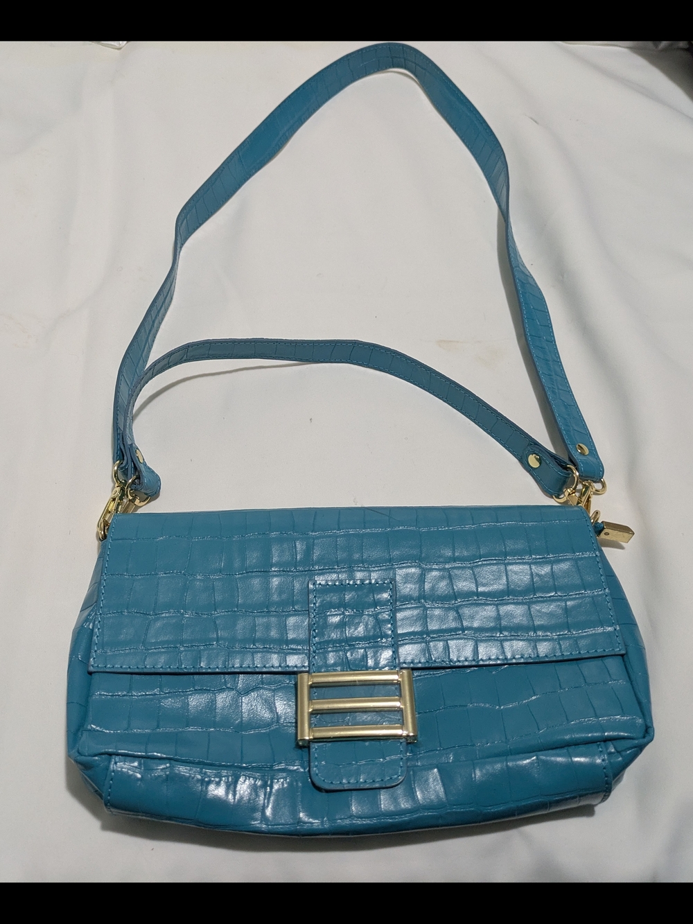 Italian Croc-Embossed Teal Shoulder Bag with Gold Buckle